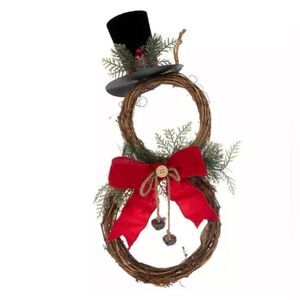 Vine Snowman Wall Decor Festive Holiday Wreath with Red Bow and Black Top Hat